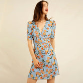 Chic Fruit Print Deep V Puff Sleeve Wrap Mini Dress - Blue
